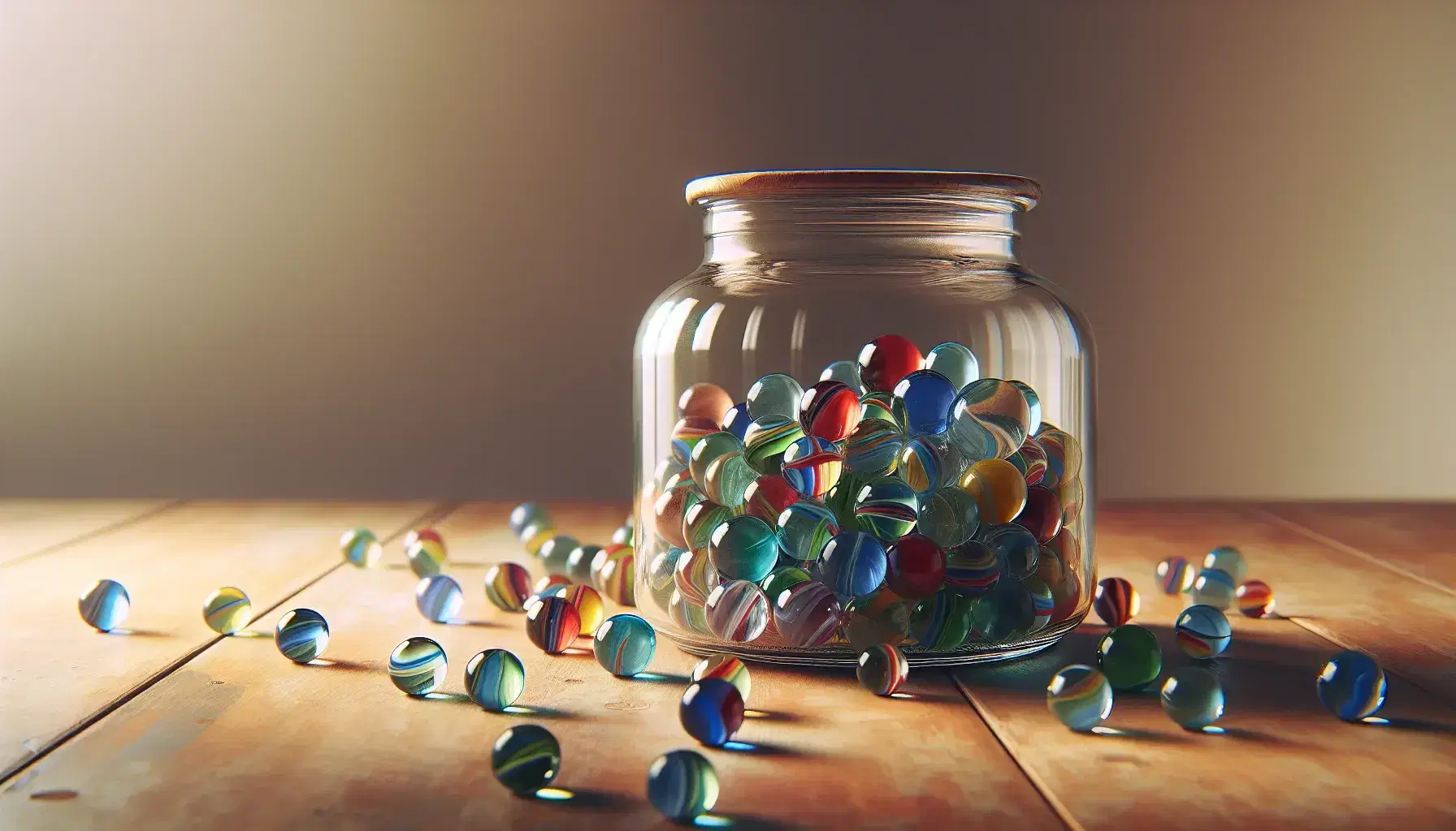 Transparent glass jar full of colorful marbles on wooden table, with soft reflections and light shadows, neutral blurred background.