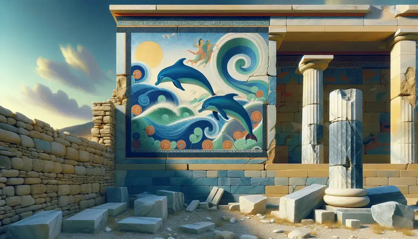 Riproduzione di un affresco minoico con delfini blu e verdi tra onde, colonna dorica e resti di palazzo miceneo in sito archeologico.