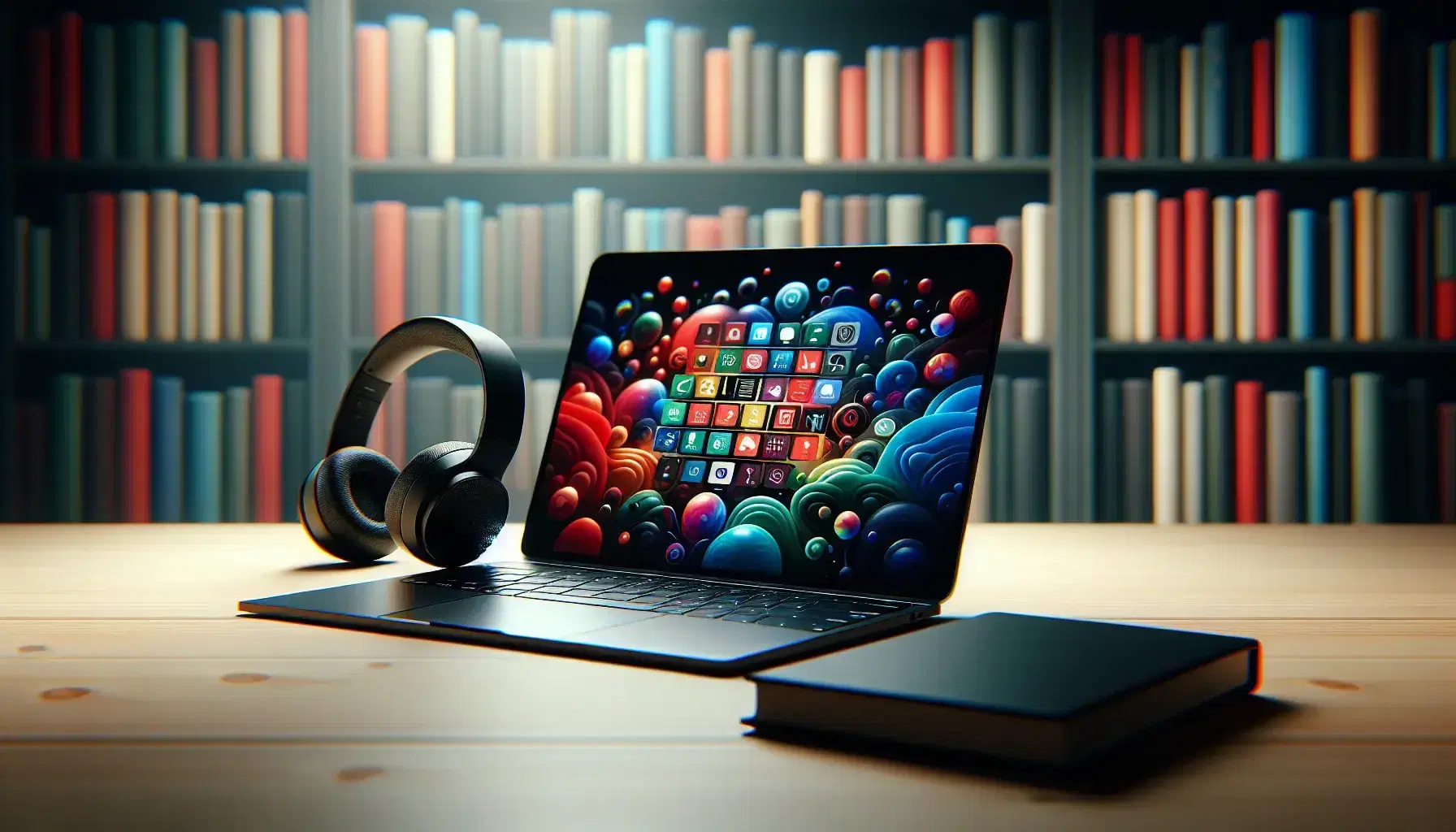 Sleek black laptop with colorful abstract screen on wooden desk, blurred bookshelf in background, and modern wireless headphones to the side.