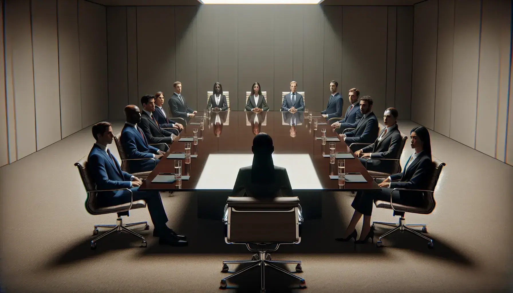 Group of eight multi-ethnic professionals sitting around a polished wooden oval conference table, waiting, with water, notebook and pen in front of them.