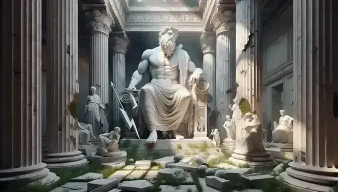 Statua di Zeus seduto con fulmine in tempio greco rovinato, circondato da statue di Athena, Apollo e Aphrodite tra colonne doriche.