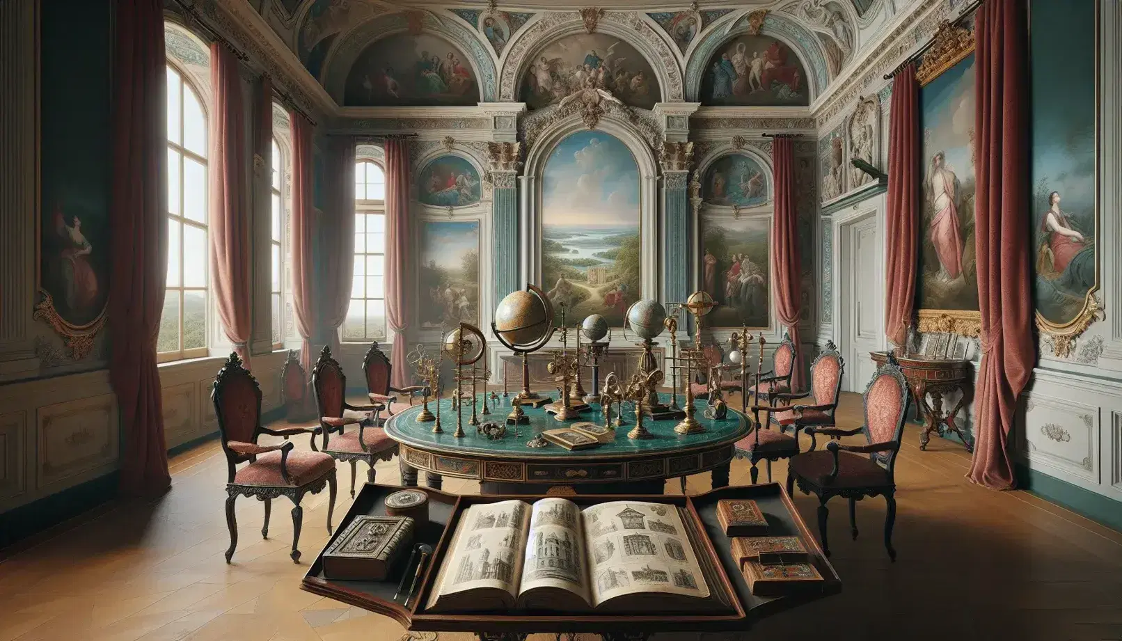 Sala di palazzo settecentesco con tavolo ovale, sedie in velluto rosso, strumenti scientifici, libri antichi, statue marmoree e affreschi allegorici.