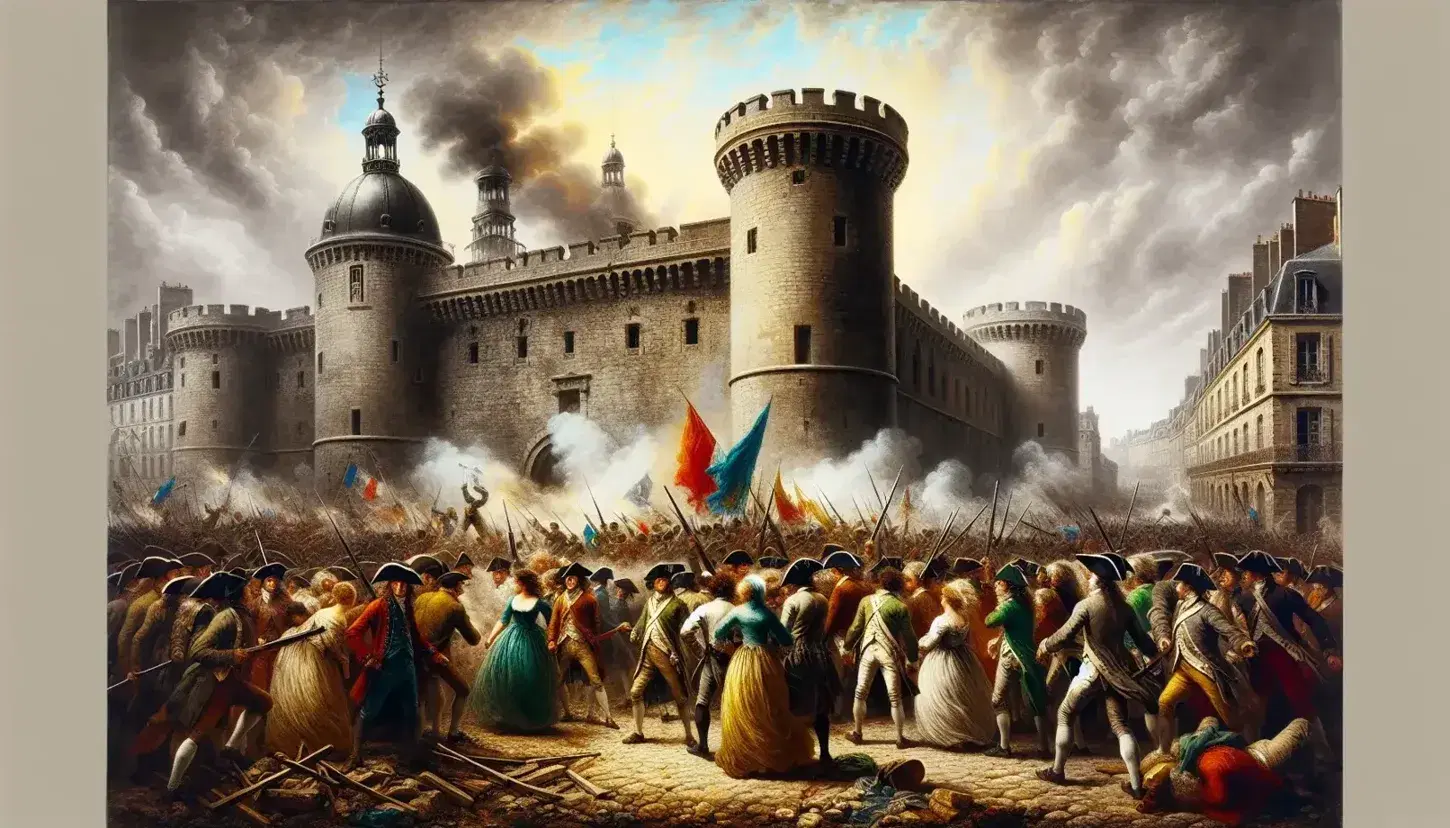 Assalto alla Bastiglia il 14 luglio 1789, con folla colorata, rivoluzionari con bandiera rossa e soldati in uniforme tra fumo e macerie.