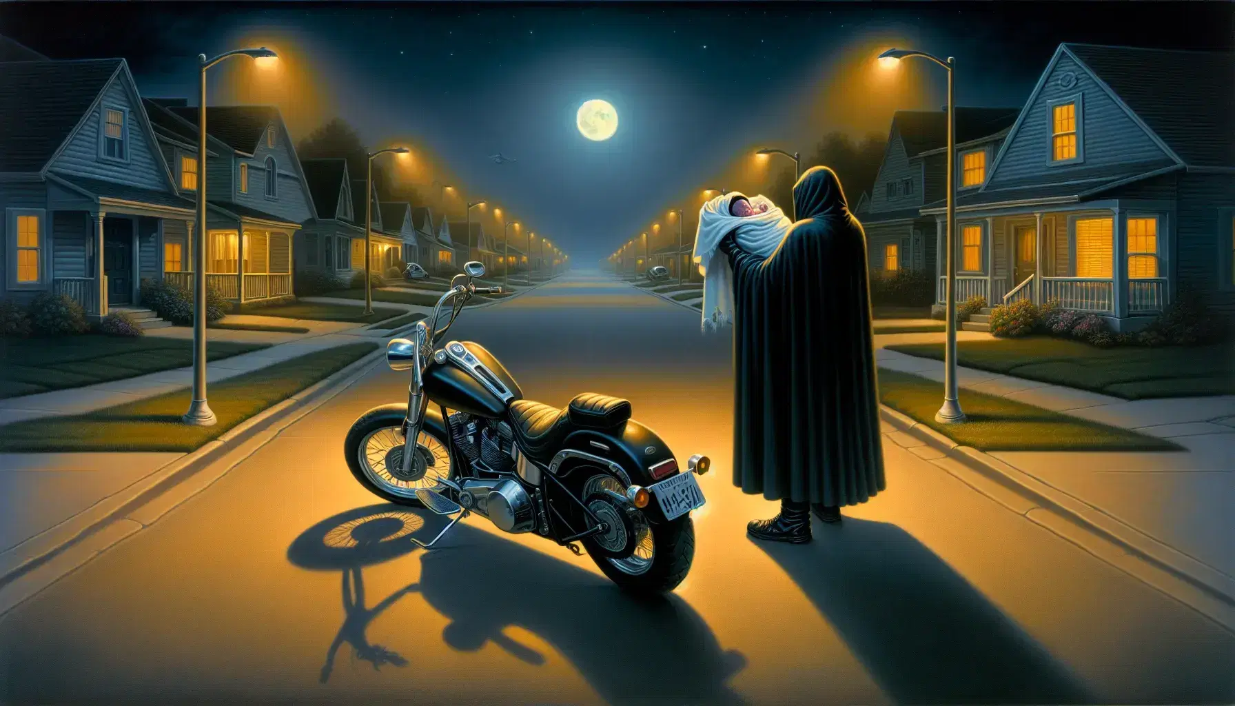 Scena notturna in periferia con uomo in mantello che tiene neonato avvolto in coperta vicino a moto nera parcheggiata sotto la luna piena.