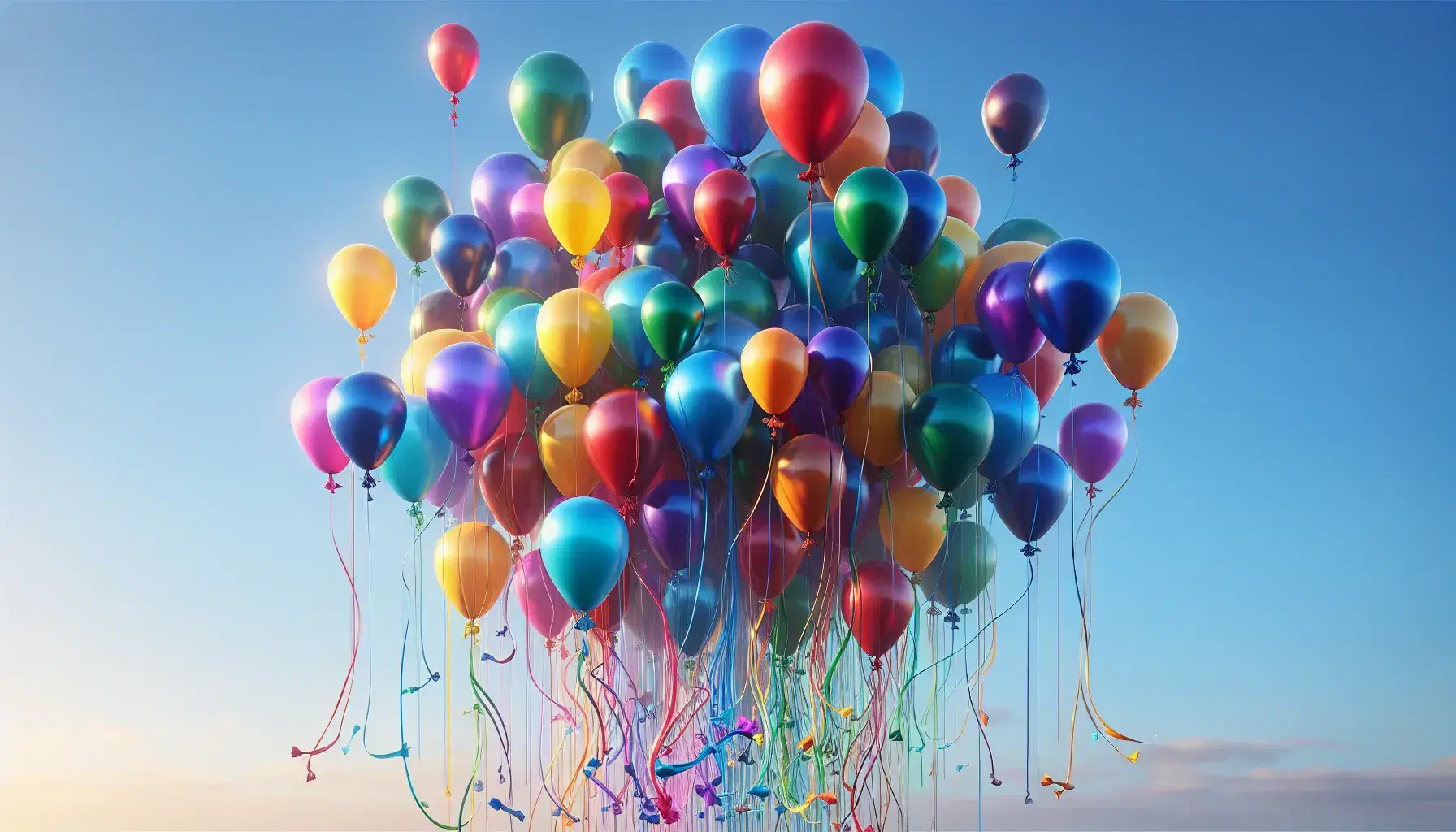 Globos de colores flotando en el cielo azul claro, con cintas colgantes y efectos de luz y sombra que resaltan su brillo y transparencia.