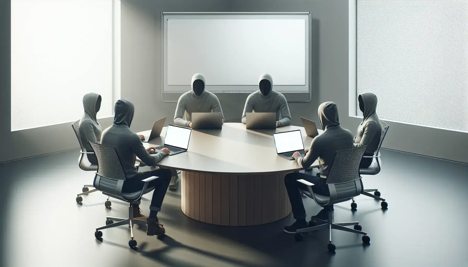 Grupo de cinco personas trabajando en laptops modernas alrededor de una mesa redonda en una sala iluminada con pizarra blanca al fondo.