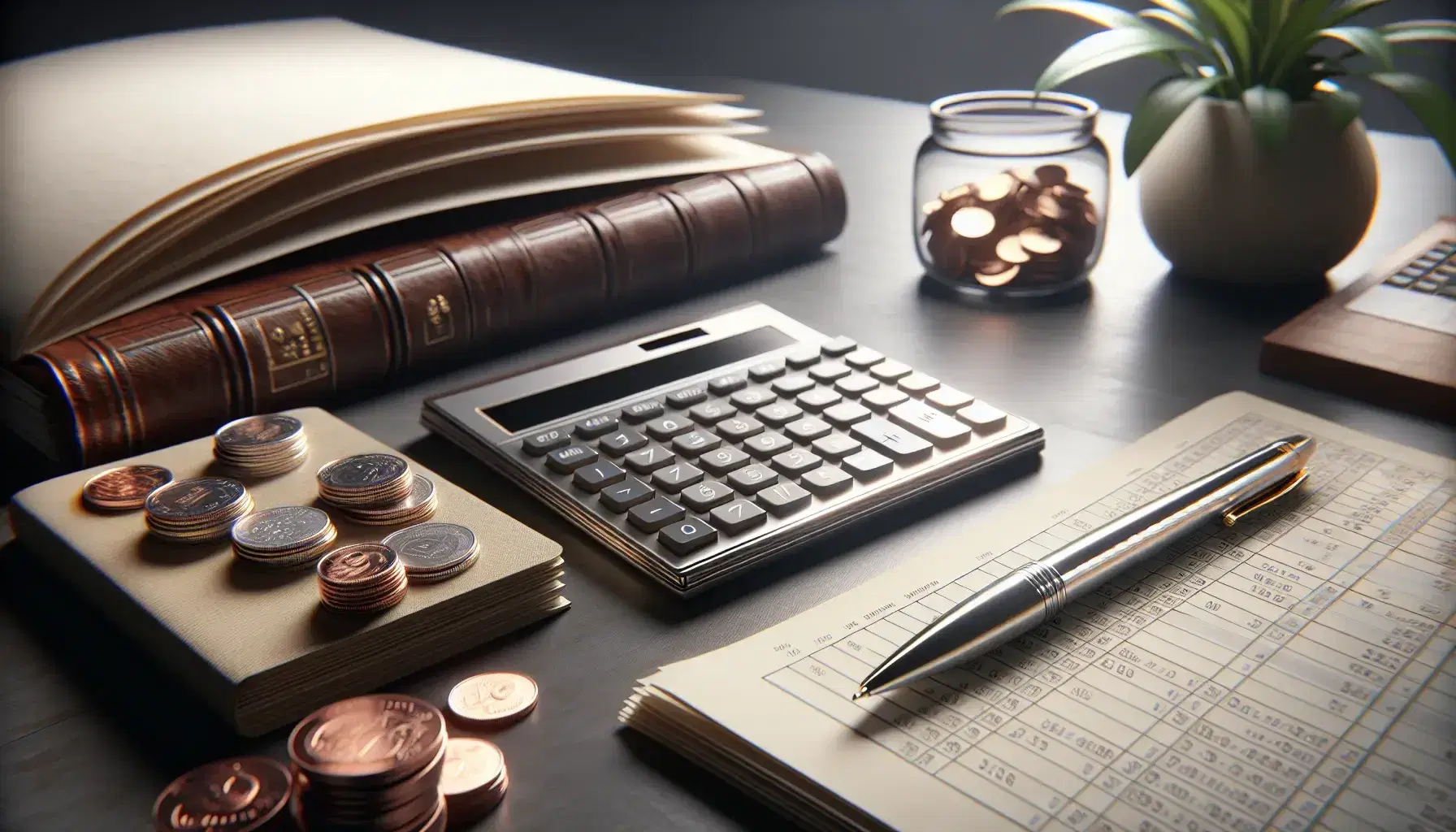Modern calculator on a dark wooden desk with a stack of blank paper, a metallic pen on a leather ledger, a coin jar, and a green potted plant.