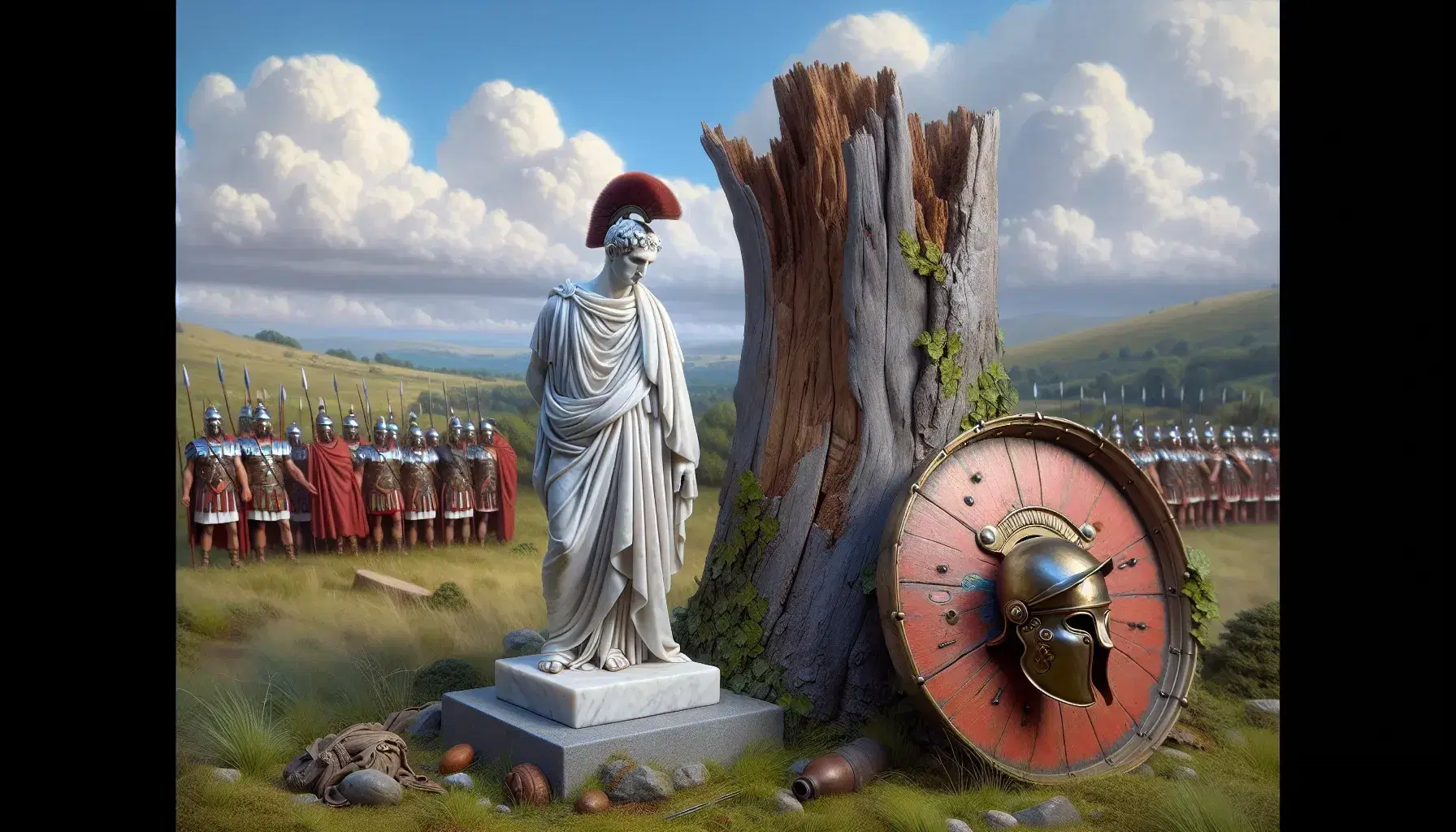 Statua marmorea di figura pensierosa in toga su piedistallo, elmo romano con cresta rossa su tronco e scudo rotondo, legionari in marcia sullo sfondo.