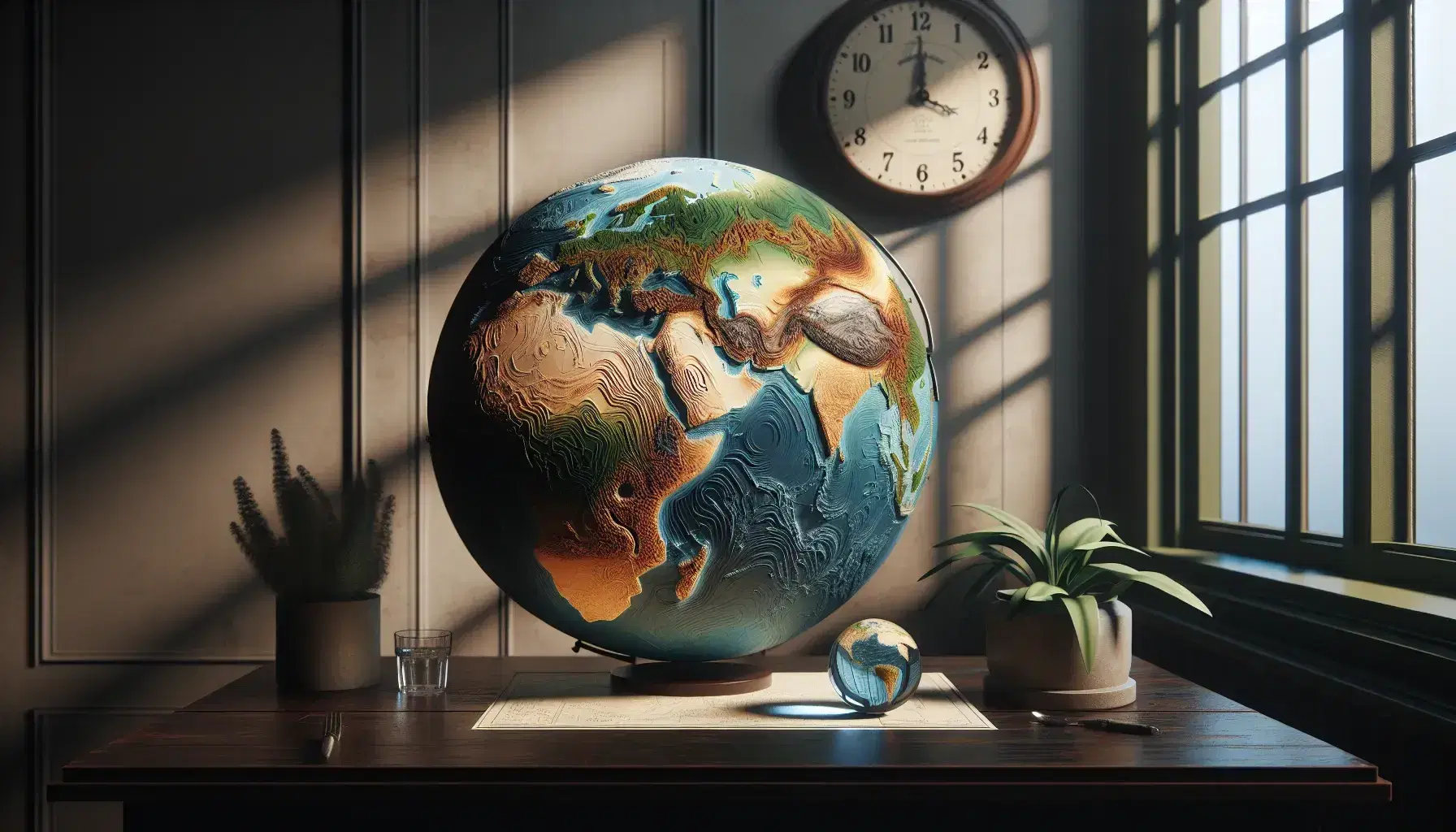 Mappamondo fisico dettagliato su tavolo scuro, con rilievi montuosi e sfere di vetro, orologio e pianta in primo piano.