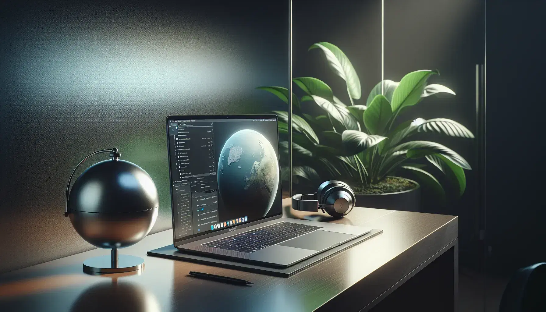 Modern silver laptop on wooden desk with green plant, stylized globe and connected black headphones, in calm environment.