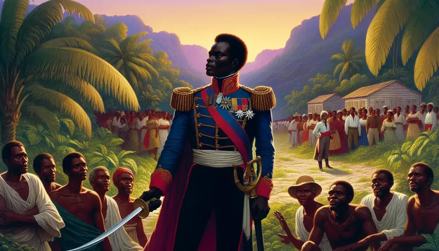 Haitian Revolution scene with a high-ranking officer in blue and red uniform holding a sword, and a diverse group of followers amidst tropical foliage at twilight.