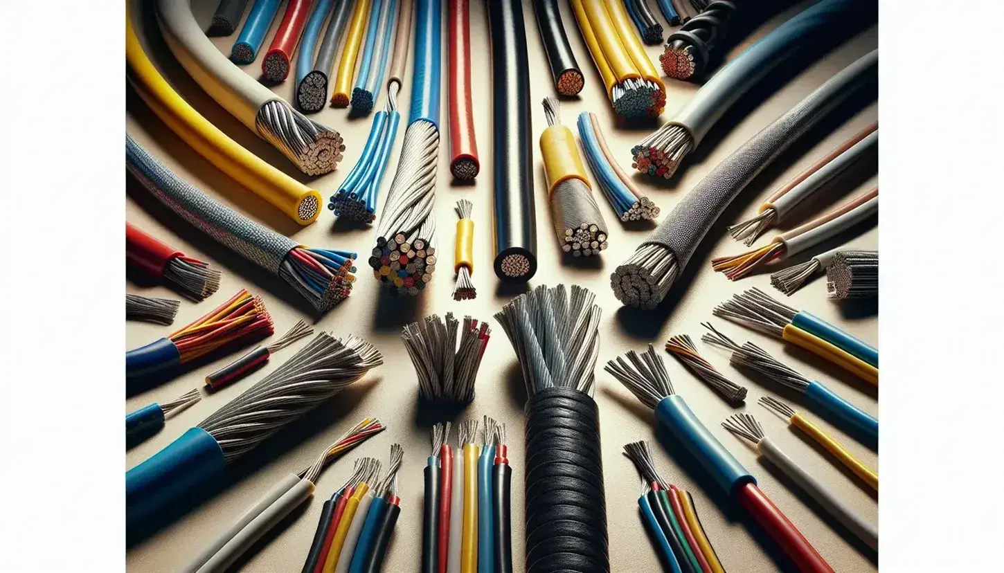 Variedad de cables eléctricos de diferentes colores y grosores, algunos con aislamiento metálico y otros con revestimiento plástico, dispuestos horizontalmente.