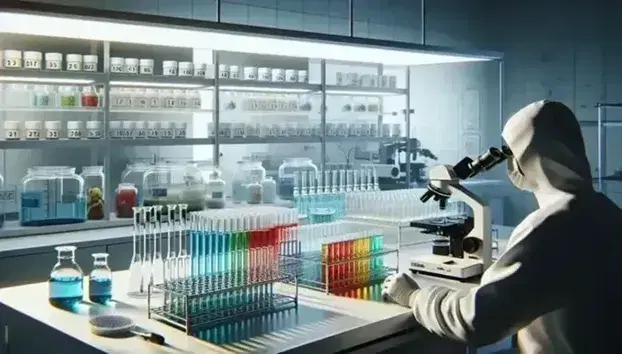 Laboratorio científico moderno con tubos de ensayo de colores en estante metálico, microscopio y técnico trabajando en fondo.