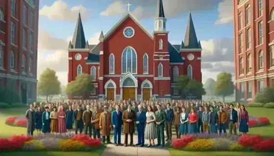 Diverse group of people in front of historic protestant church with bell tower and cross, formal and casual clothes, blue sky with clouds.