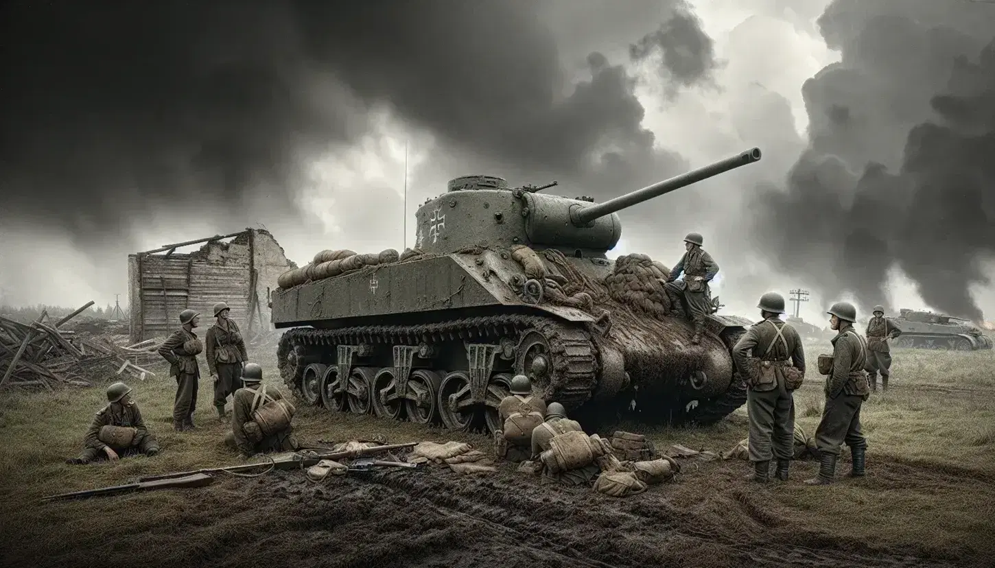 Carro armato della Seconda Guerra Mondiale fermo su terreno erboso con cinque soldati in attesa e edificio danneggiato sullo sfondo.