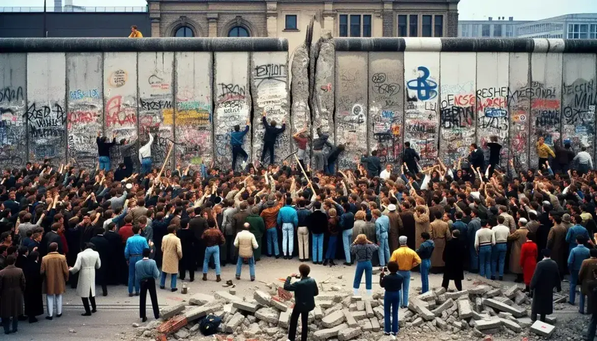 Muro di Berlino in fase di demolizione con persone che festeggiano e lavorano alla sua distruzione, sotto un cielo sereno.