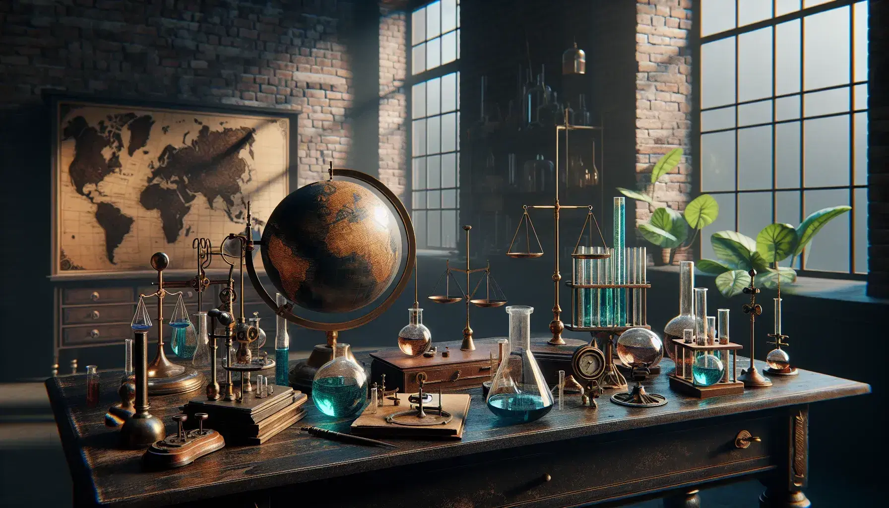 Laboratorio scientifico vintage con tavolo in legno, strumenti antichi, microscopio in ottone, tubi di vetro con liquidi colorati e globo antico.