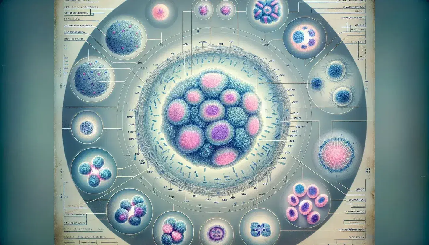 Cellule in varie fasi della divisione mitotica al microscopio, con cromosomi in anafase che si separano e altre in interfase, metafase e telofase.