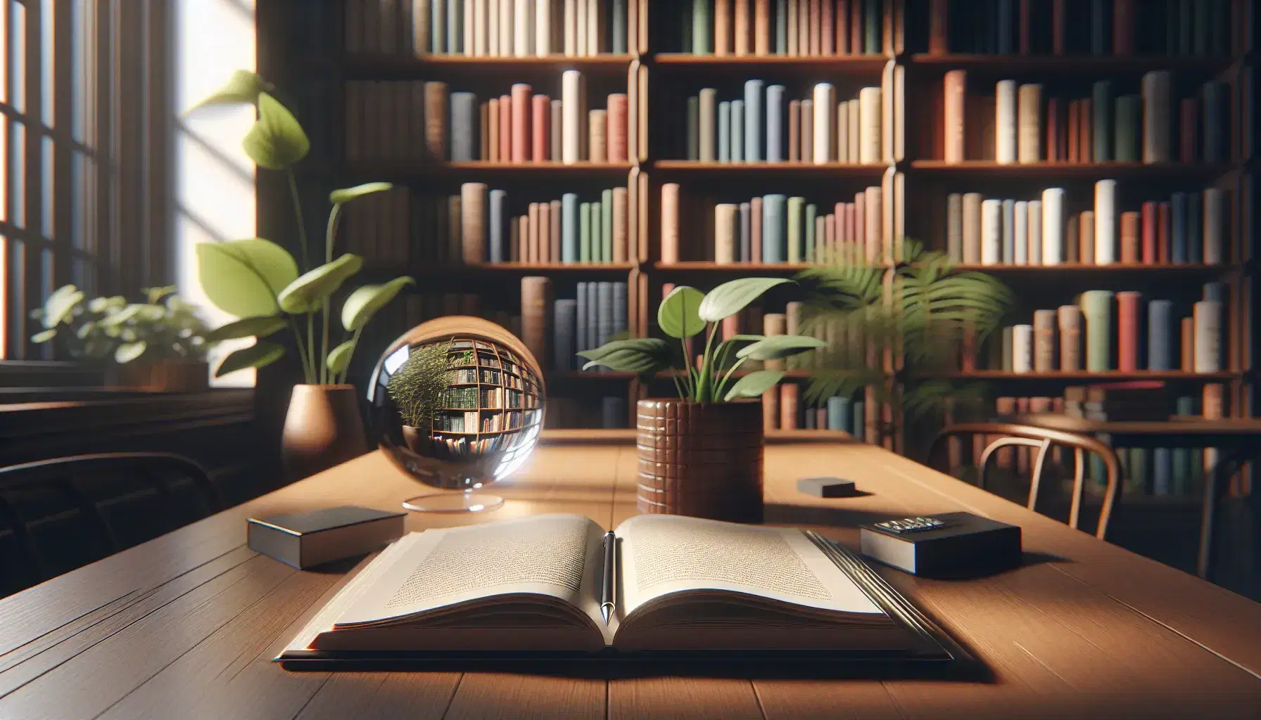 Mesa de madera clara con libro abierto sin texto visible, lápiz negro y esfera de cristal en biblioteca con estantes de libros de colores y planta verde.