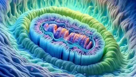 Detailed mitochondrium with double membrane and cristae in a eukaryotic cell, bright colors from blue to green.
