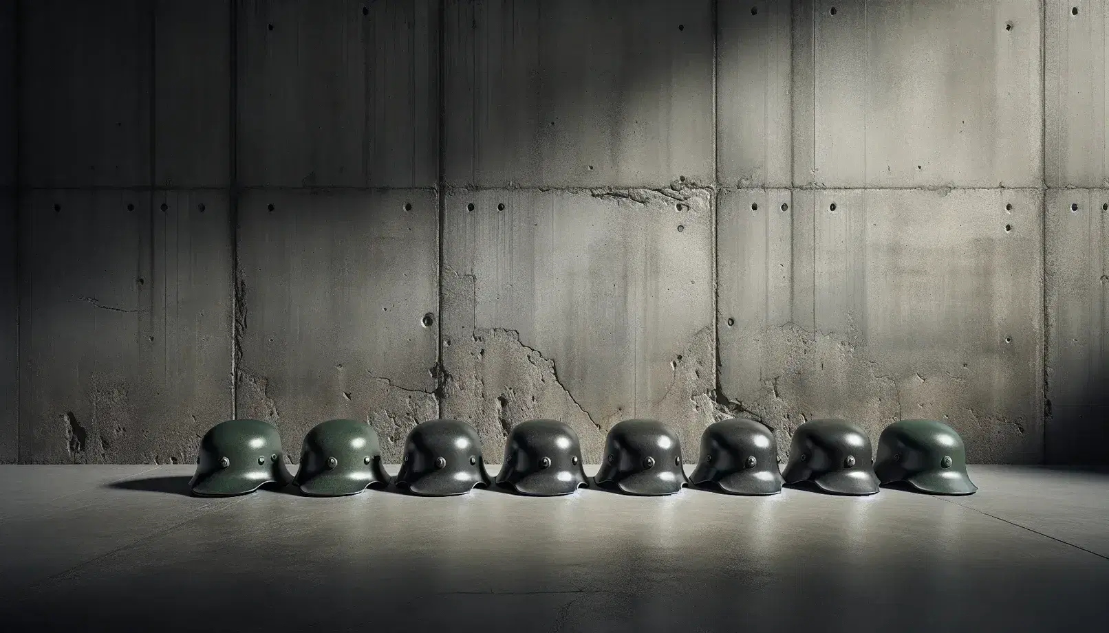 Vintage German police helmets from the 1970s lined up against a weathered concrete wall, reflecting light with their glossy green finish.