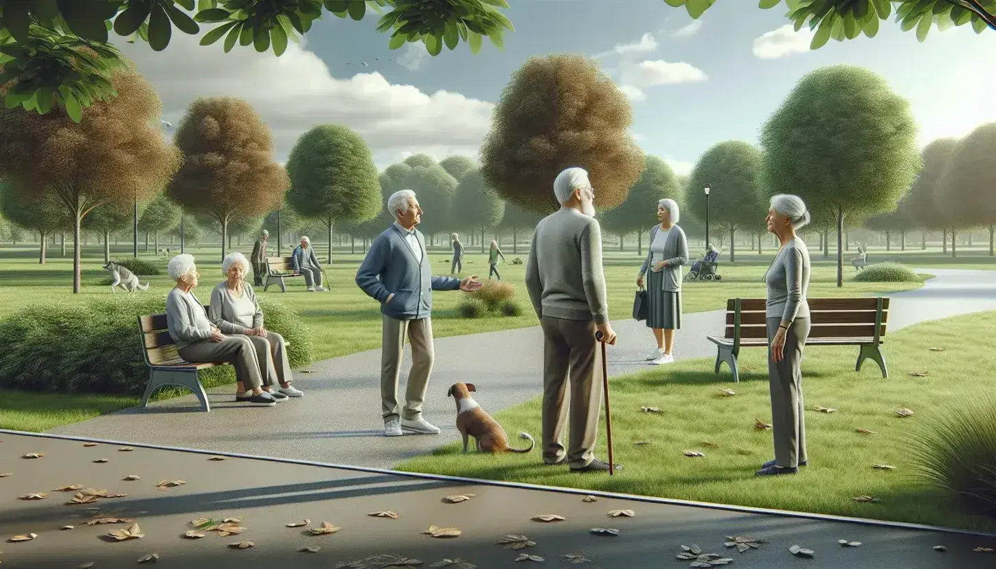 Grupo de personas mayores disfrutando de un parque al aire libre, con bancos y árboles, en un día parcialmente nublado.