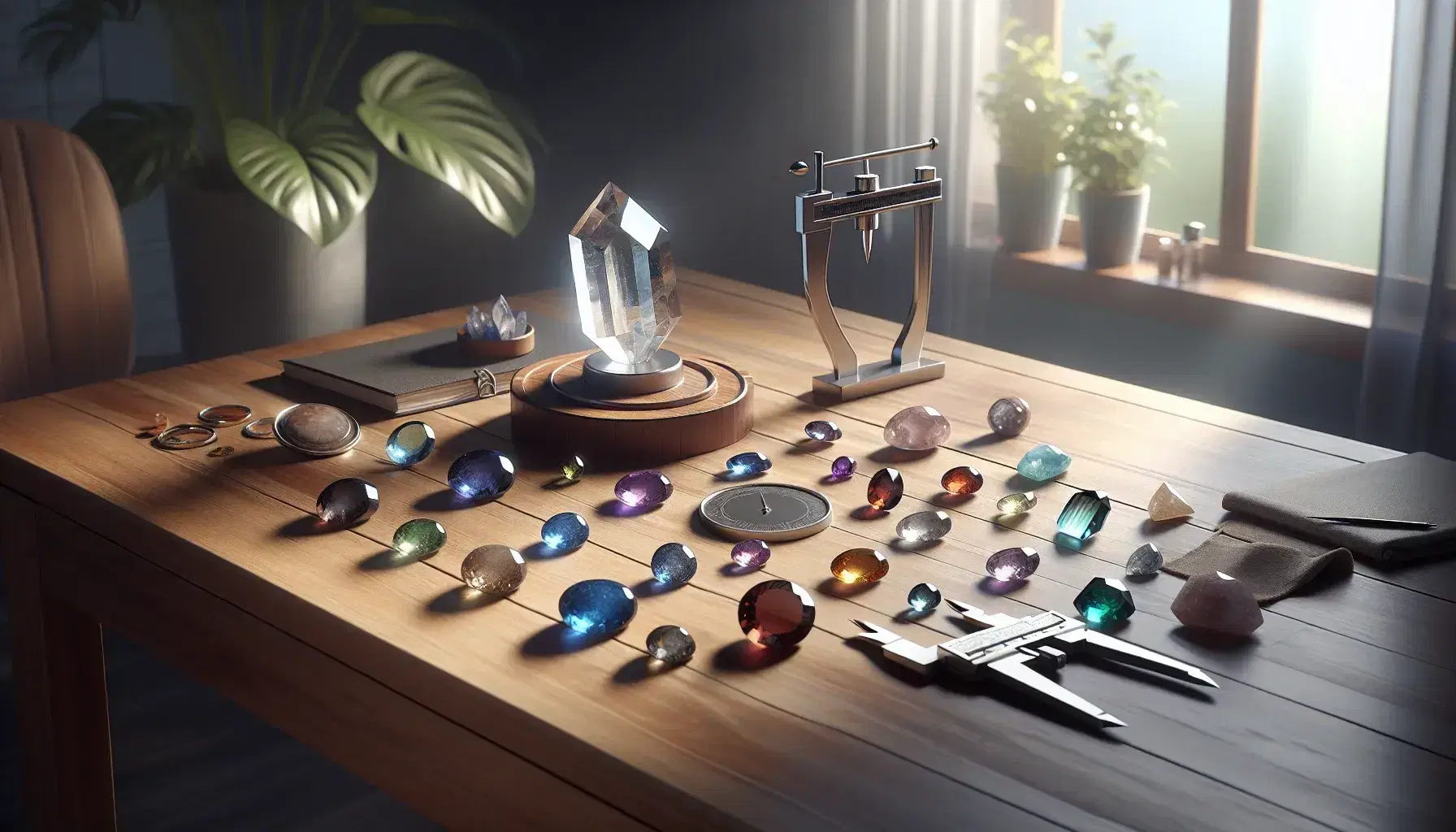 Organized wooden desk with a circular pattern of polished semi-precious gemstones and a clear quartz at the center, beside metal calipers and a potted plant.