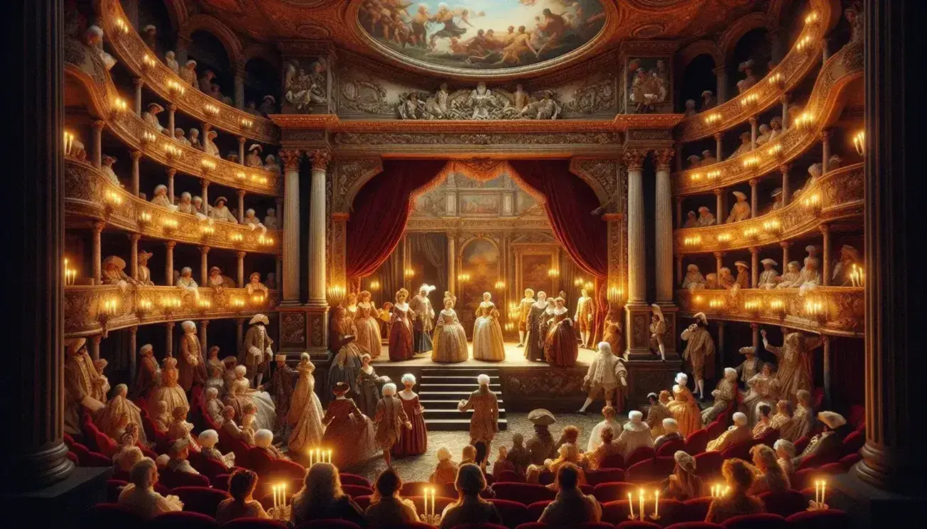 Teatro veneziano del XVIII secolo con attori in costume Commedia dell'Arte su palco decorato, pubblico in abiti d'epoca e affreschi sul soffitto.