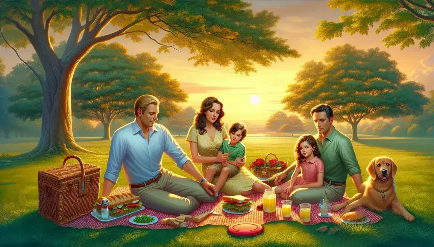 Family on picnic at sunset in quiet park, sitting on checkered blanket with basket, lemonade and dog next to them.