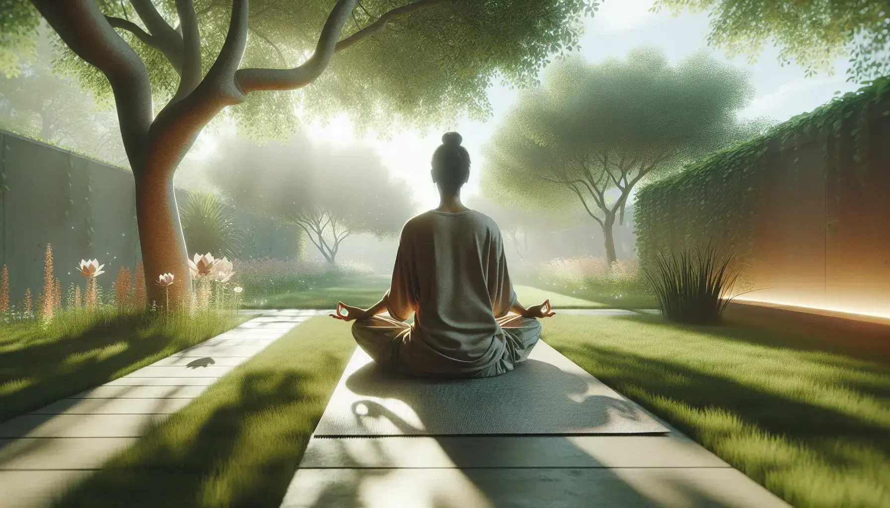 Persona meditando en postura de loto sobre una esterilla de yoga en un entorno natural tranquilo, con árboles y flores suaves, bajo la luz del sol.