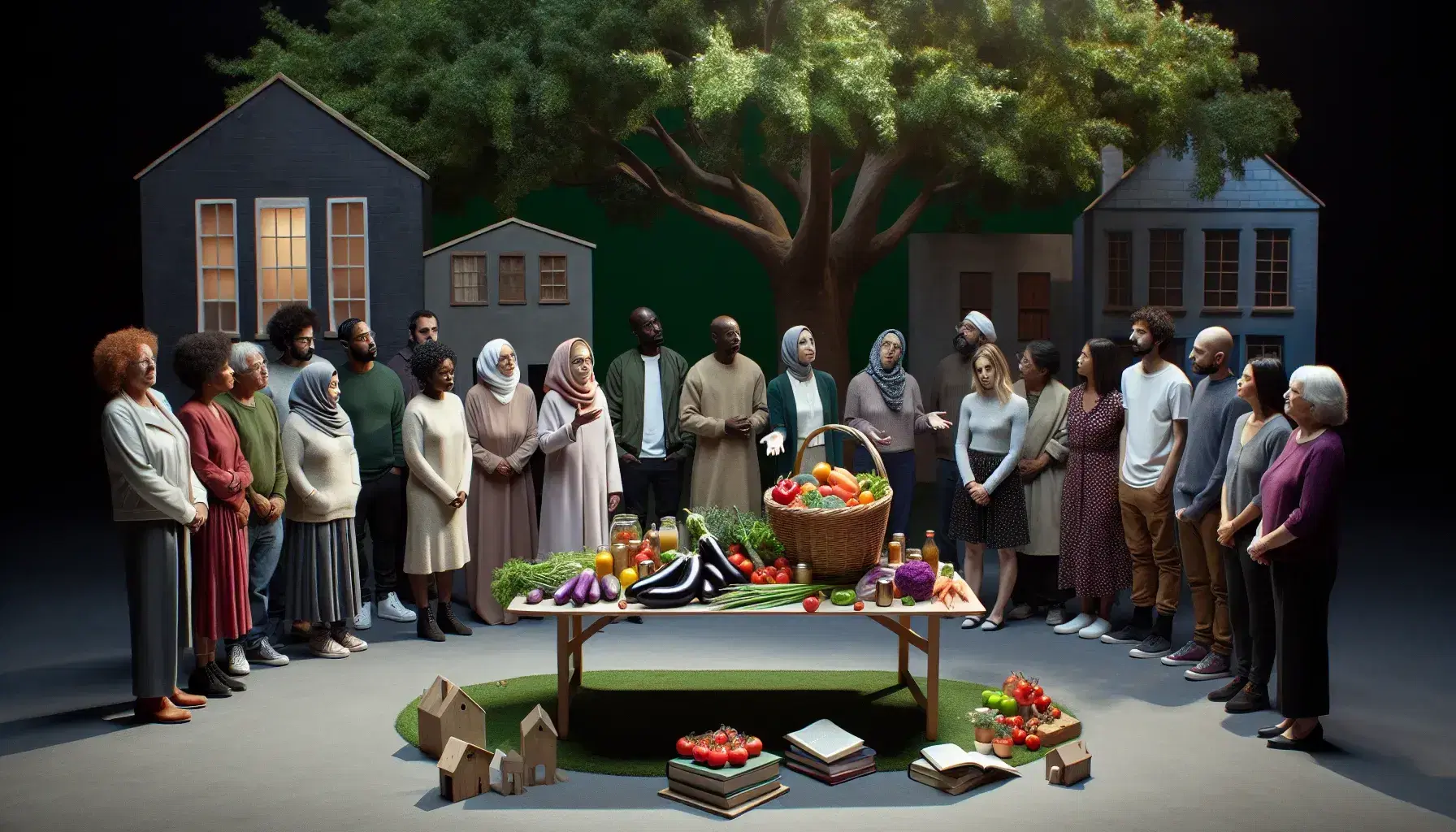 Multi-ethnic group in semicircle discussing collaboration, with table in center displaying fresh food, books and model house, under lush tree.