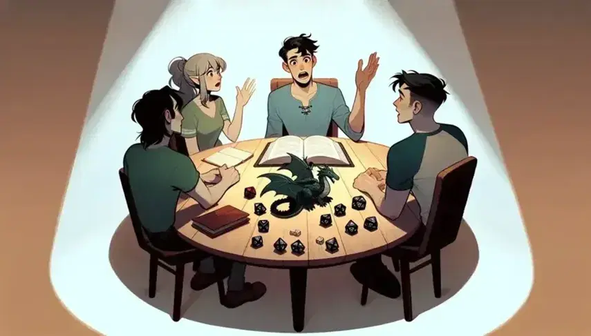 Tres personas alrededor de una mesa redonda de madera jugando un juego de rol, con dados, un libro abierto y una figura de dragón.