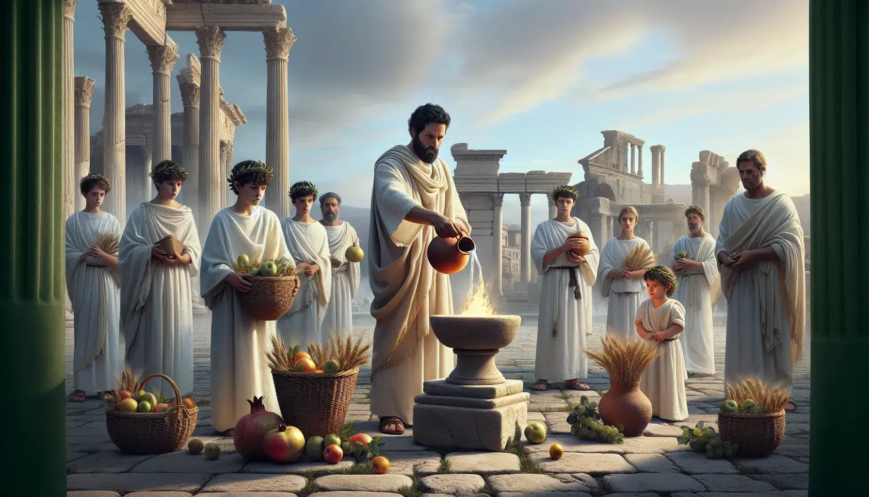 Rituale religioso nell'antica Roma con sacerdote che versa liquido in un altare, assistenti con frutta e grano, e sfondo di colonne marmoree.