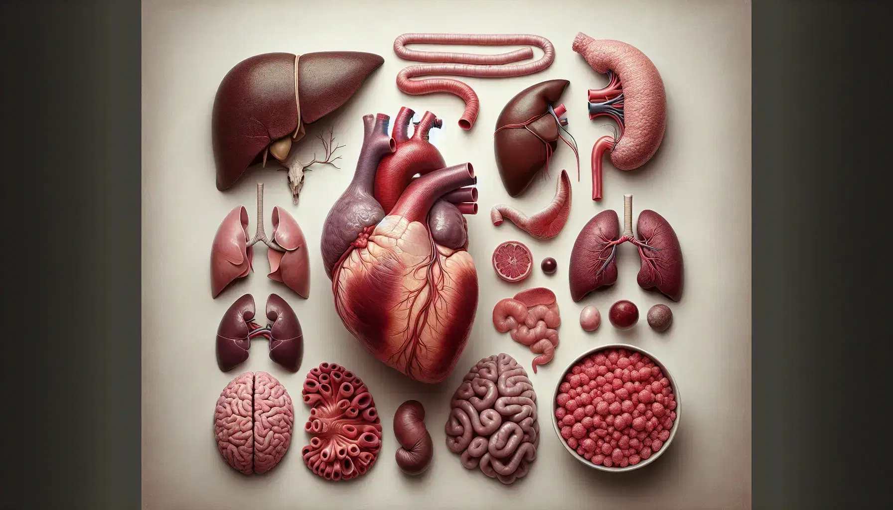 Anatomical display of human organs with a detailed heart, spongy lungs, lobed liver, bean-shaped kidney, coiled intestine, and a convoluted brain on a light background.