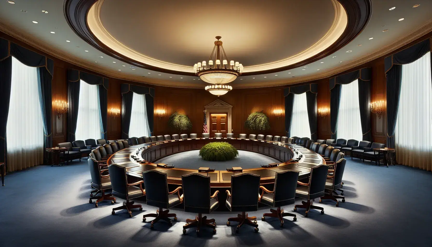 Elegant diplomatic conference room with a large oval wooden table, dark blue armchairs, and natural light from side windows.