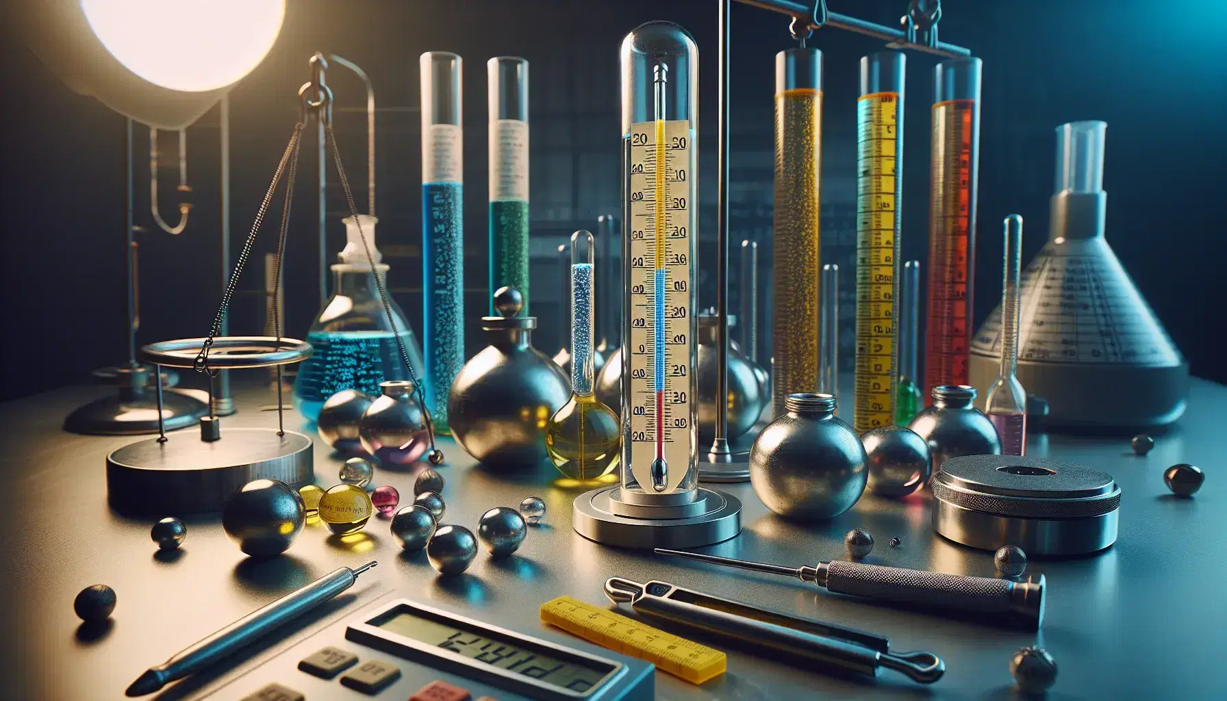 Laboratorio scientifico con termometro a mercurio, calorimetro, pesi di precisione, metro a nastro e provette con liquidi colorati.