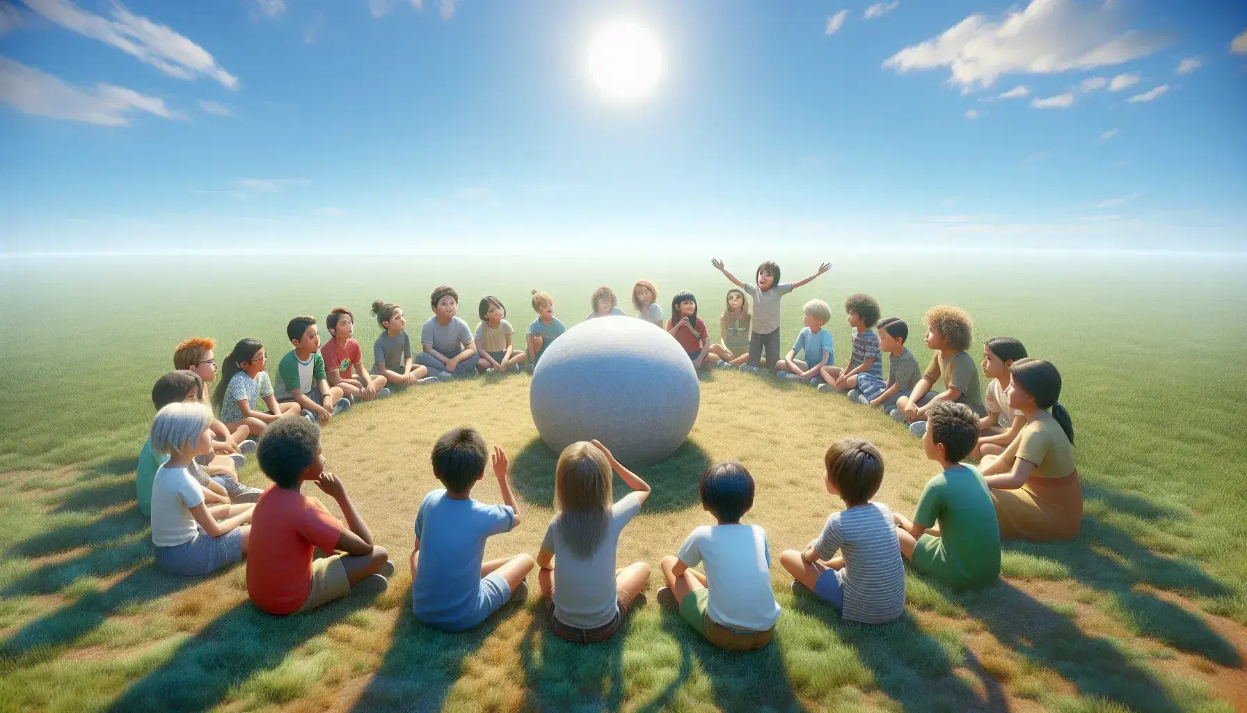 Multi-ethnic group of children sitting in a circle on a lawn, discussing seriously around a gray stone, under a blue sky.