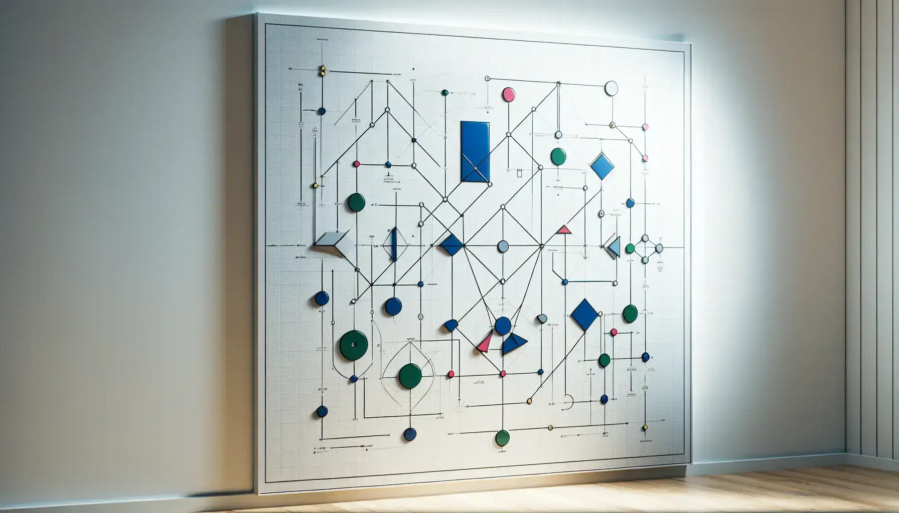 Pizarra blanca con figuras geométricas de colores, incluyendo rectángulos azules, elipses verdes, triángulos rojos y círculos amarillos conectados por líneas negras.