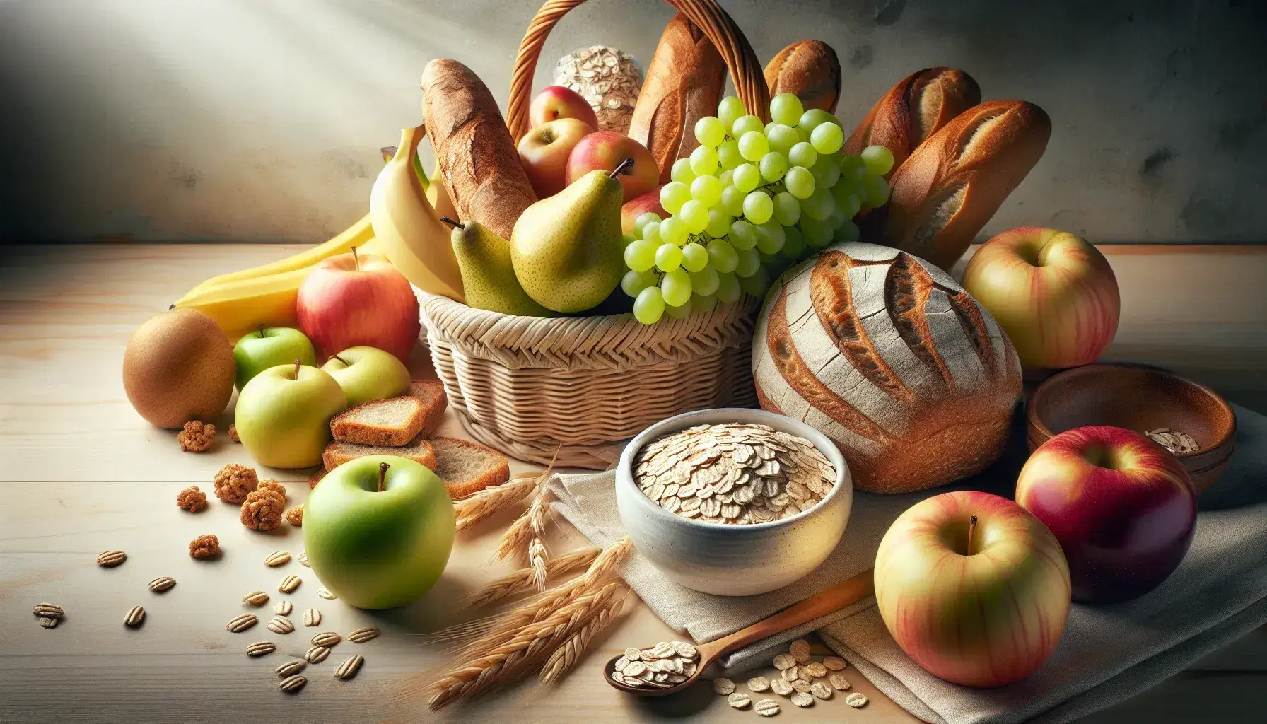 Variedad de alimentos ricos en carbohidratos con pan fresco en cesta, avena cruda en bol, uvas verdes, manzana roja, pera verde y plátanos maduros sobre superficie de madera clara.