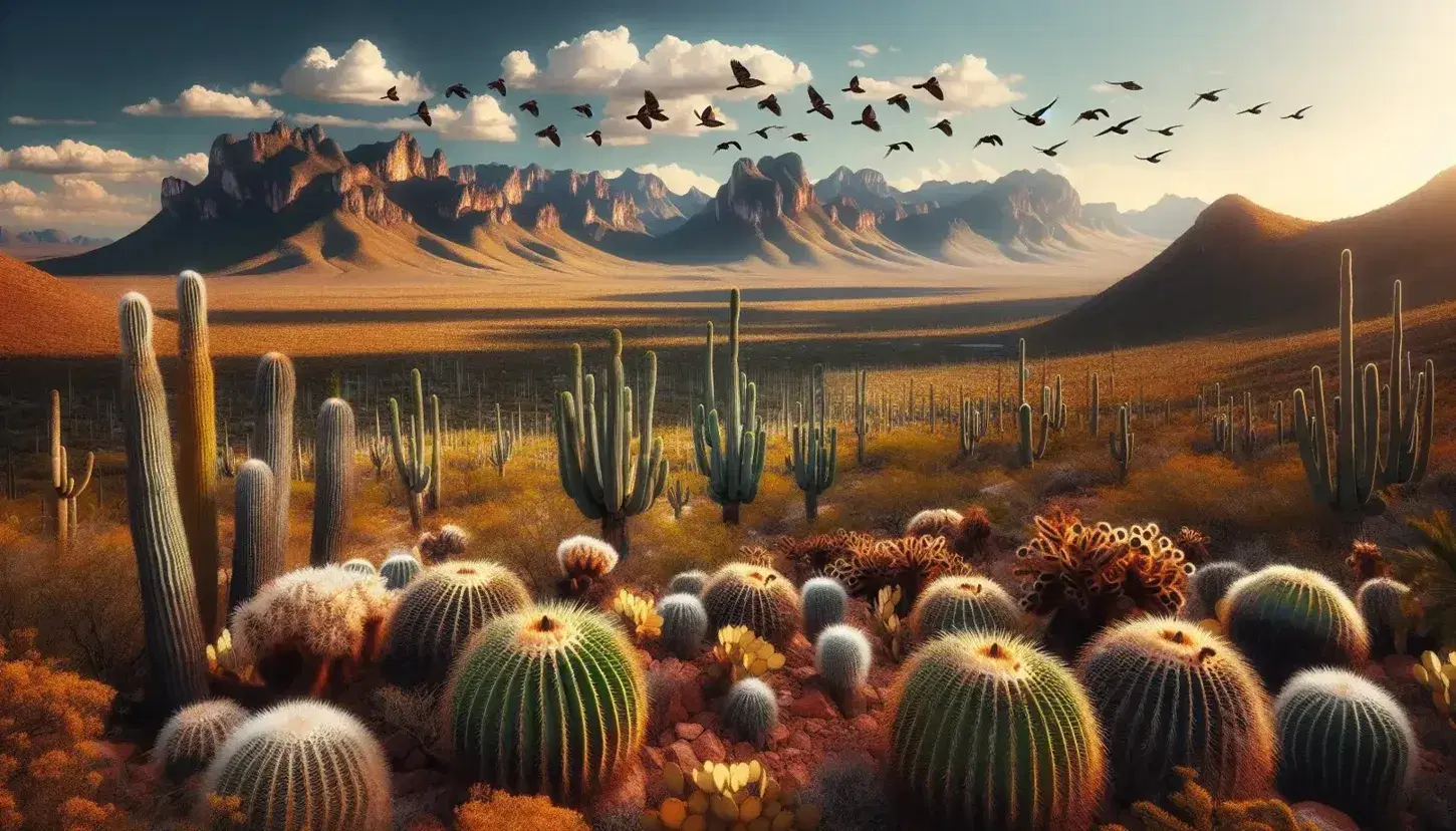 Paisaje natural mexicano con variedad de cactus en primer plano, llanura árida y montañas al fondo bajo un cielo azul claro.