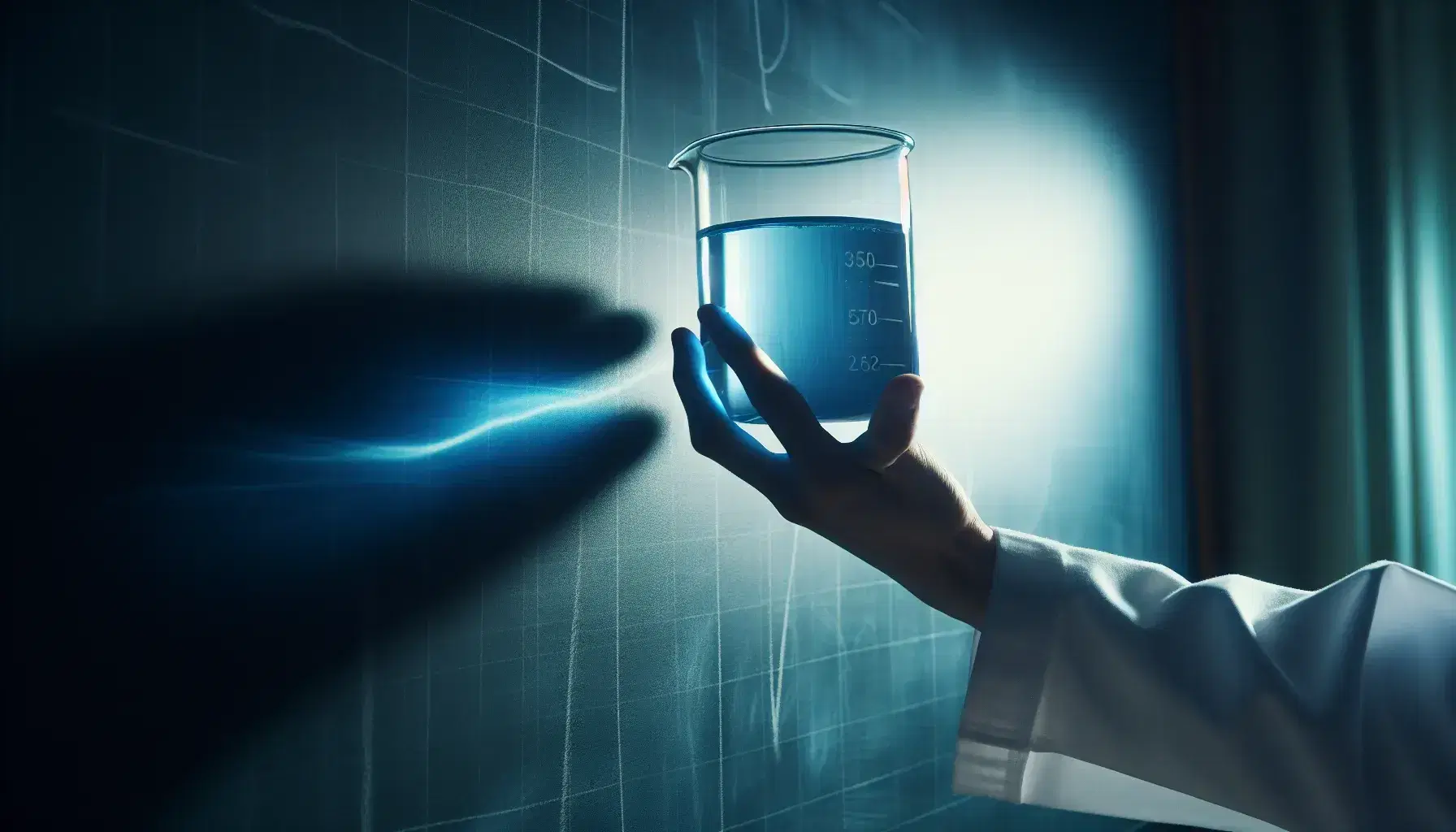 Close-up view of a hand in a white lab coat holding a beaker with blue liquid, with a clean blackboard in the background and light reflections.