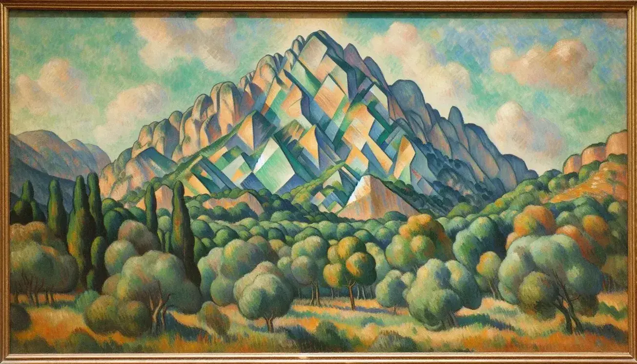 Riproduzione del dipinto "La Montagne Sainte-Victoire" di Paul Cézanne con montagna, cielo azzurro e vegetazione in primo piano.
