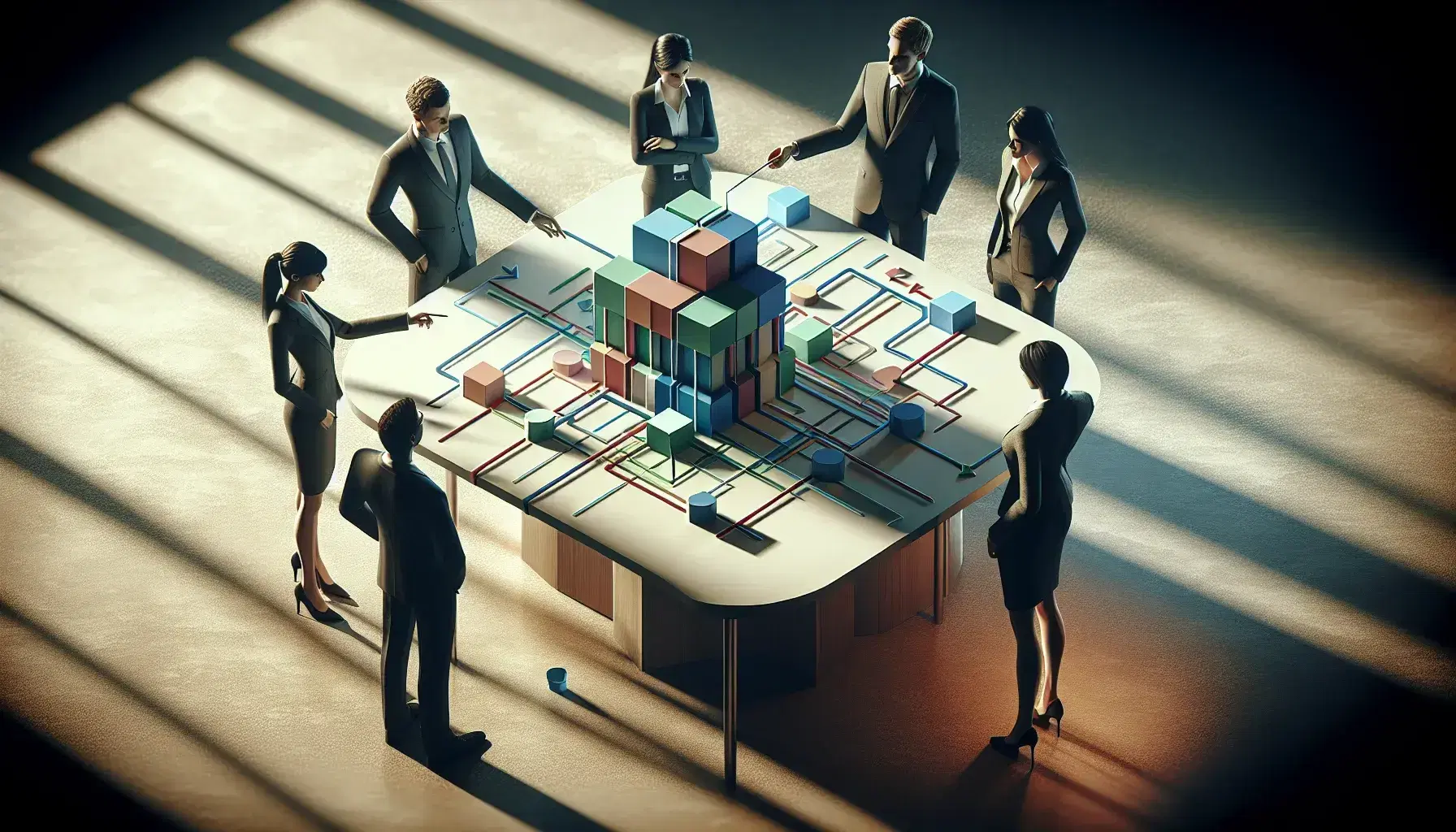 Grupo de cinco profesionales analizando modelo 3D de estructura organizativa en mesa redonda, destacando colaboración y planificación estratégica.