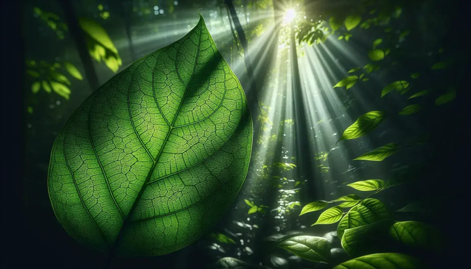 Hoja verde vibrante con detalles de venas y células iluminada por rayos de sol que se filtran a través de un dosel de hojas, en un fondo natural desenfocado.
