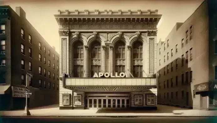 Vintage sepia-toned photograph of the Apollo Theater in Harlem with its neoclassical architecture, blank marquee, and clear skies above.