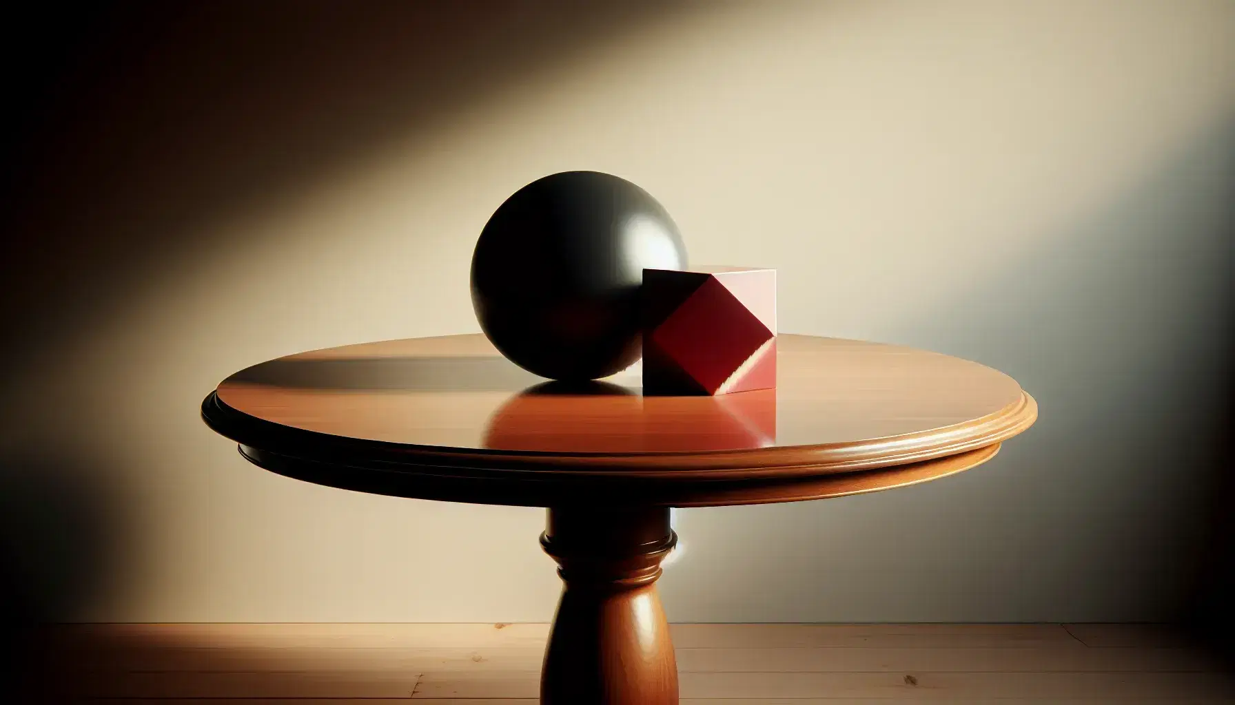 Round wooden table with matte black sphere, shiny red cube and smooth white cone arranged in triangular formation on neutral background.