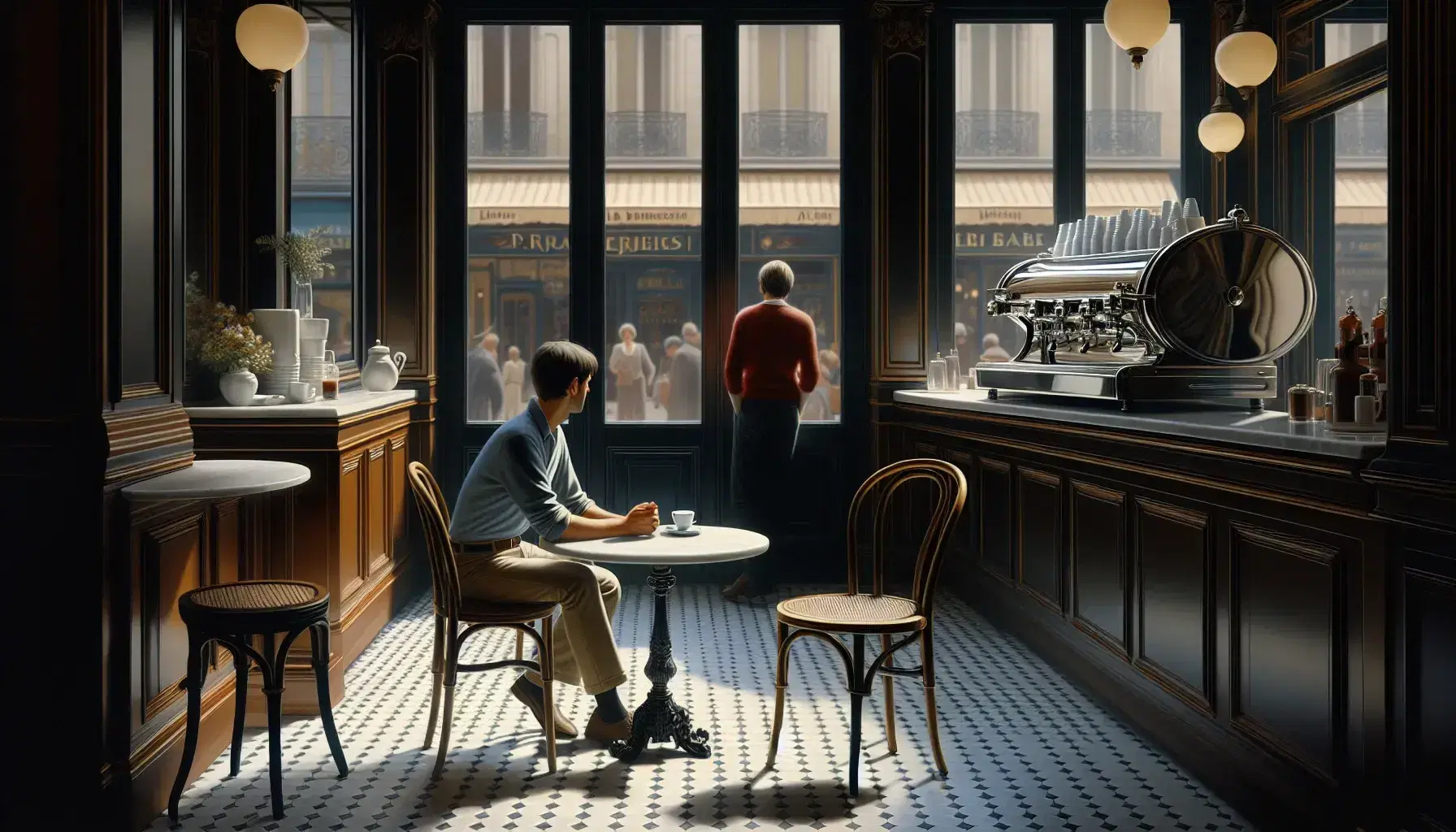 Traditional French café interior with a patron sipping coffee at a marble-topped bistro table, another by the counter, and a view of a lively street outside.
