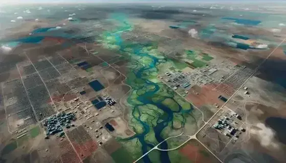 Vista aérea de paisaje mixto con camino de tierra, edificaciones con techos rojos y grises, espacios verdes y río al fondo bajo cielo azul.