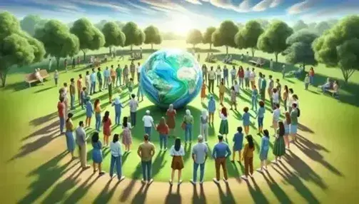 Grupo diverso de personas interactuando alrededor de un globo terráqueo en un parque, reflejando unidad y diversidad cultural en un día soleado.