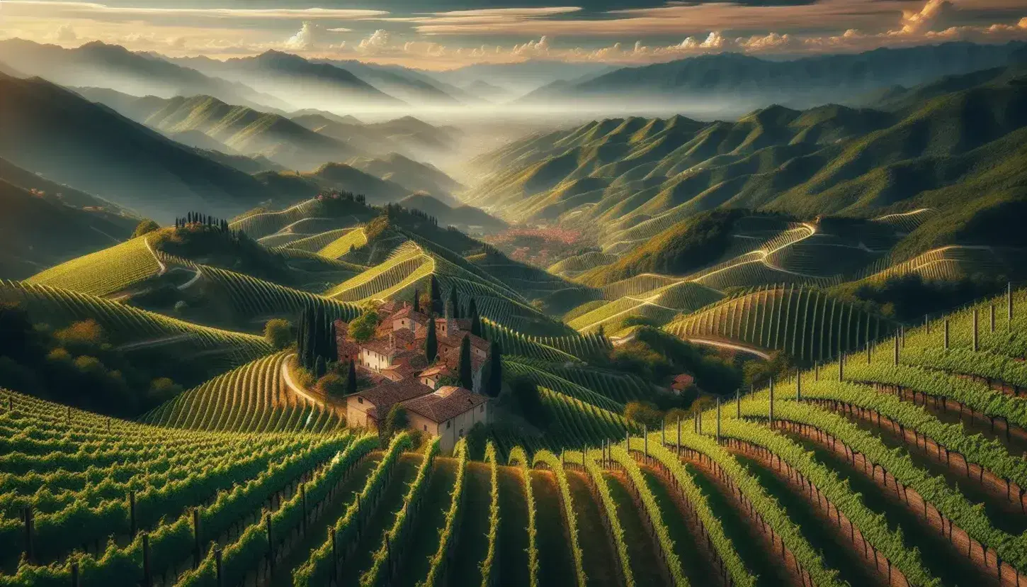 Vigneti ordinati sulle colline del Veneto con grappoli d'uva, un piccolo villaggio e montagne sfumate sullo sfondo sotto un cielo azzurro.